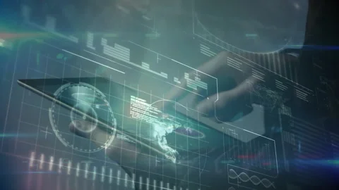 Hands holding tablet while projecting holographic UI with map, charts, grid Stock Footage 308047042