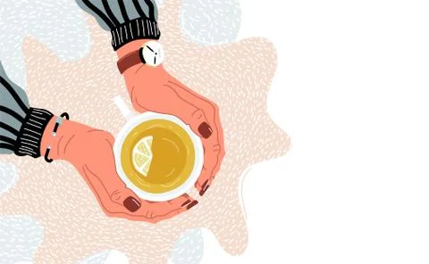 Hands holding teacup overhead view flat vector illustration Stock Illustration