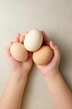 Hands holding three eggs in soft light, showcasing natural colors and textures Stock Photos