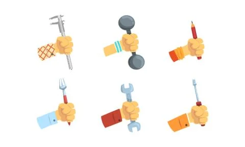 Hands Holding Tools Set, Male Hand with Symbols of Different Professions and Stock Illustration