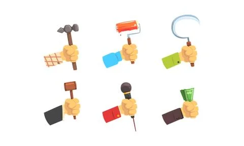 Hands Holding Tools Set, Male Hand with Symbols of Different Professions Vector Stock Illustration