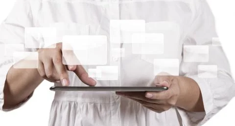 Hands holding a touch pad and virtual buttons Illustrazione stock