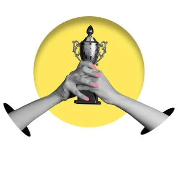 Hands holding a trophy on a yellow background with a white style. Stock Photos