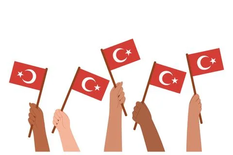 Hands holding Turkish flags. Vector illustration. Stock Illustration
