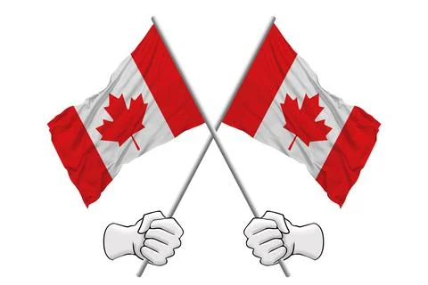 Hands holding two flags of Canada on a white background. Background for the n Stock Illustration
