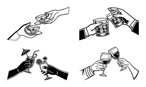 Hands holding various drinking glasses and cups tea cups cocktail glasses Illustrazione stock