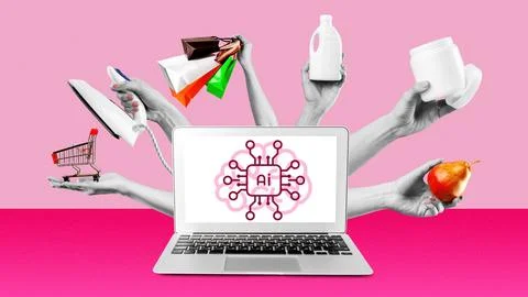 Hands holding various items around a laptop with an AI graphic on a pink Stock Photos