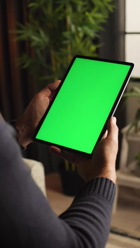 Hands Holding Vertical Green Screen Tablet Video stock 346809890
