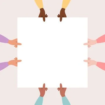 Hands holding a white square blank banner, top view Stock Illustration
