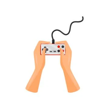 Hands holding wired controller remote, joystick, gaming concept vector Illustrazione stock