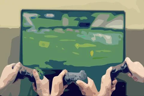 Hands holding wireless gamepad, controller, end of game, game over, red joystick Stock Illustration