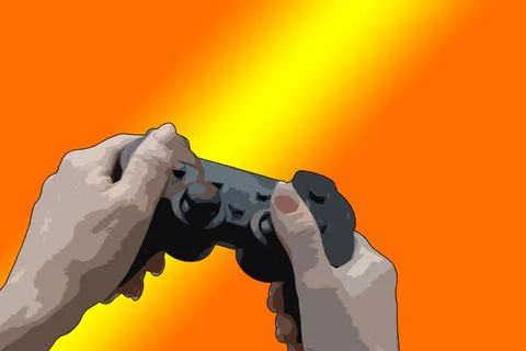 Hands holding wireless gamepad, controller, end of game, game over, red joystick イラスト素材