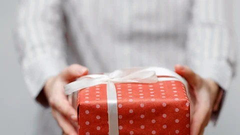 Hands holding wrapped present, gift box with ribbon and bow. Holidays packaging. Stock Footage 117191706