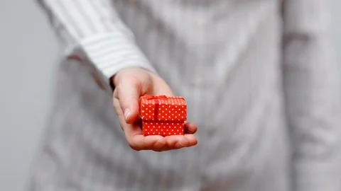Hands holding wrapped present, gift box with ribbon and bow. Holidays packaging. Stock Footage 117191963