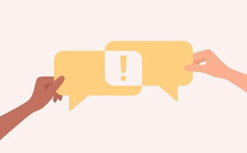Hands holding yellow speech bubbles with an exclamation mark Stock Illustration