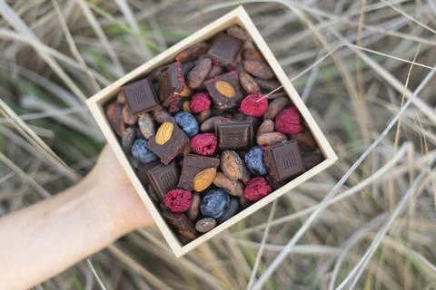 Hands holds a box of chocolates. assorted chocolates confectionery in their gift Foto stock