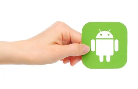 Hands holds Google Android icon Stock Photos