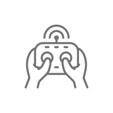 Hands holds remote controller, control panel for drone, gamepad line icon. Illustrazione stock