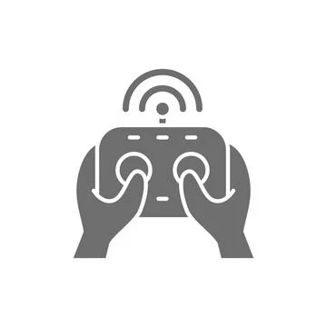 Hands holds remote controller, control panel for drone, gamepad grey icon. Stock Illustration