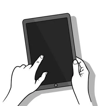 Hands holing tablet computer with blank screen. Using digital tablet, flat .. Stock Illustration