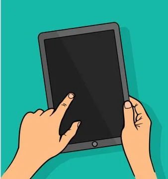 Hands holing tablet computer with blank screen. Illustrazione stock