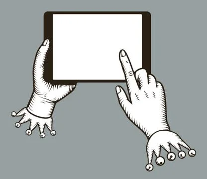 Hands holing tablet computer with tap finger on blank screen. Digital tablet pc Stock Illustration