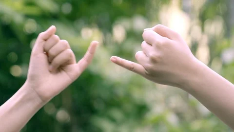 Hands hook each other's little finger on nature background, concept of promise  Stock Footage 112586009