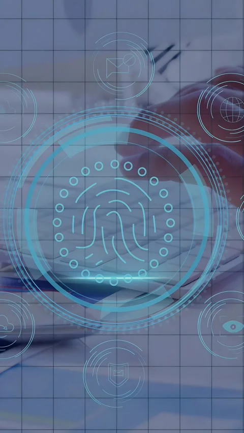 Hands hovering and typing, initiating fingerprint scan with pulsing icons for Stock Footage 333036494