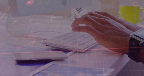 Hands hovering then typing on keyboard at tech desk, editing report with Stock Footage 330980385