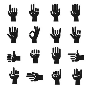 Hands icons set finger counting, stop gesture, devil horns, okay, v sign vector Illustrazione stock