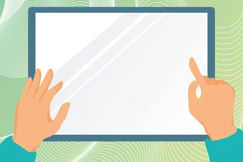 Hands Illustration Drawing On Tablet Screen. Holding Screen Showing Informations 스톡 일러스트