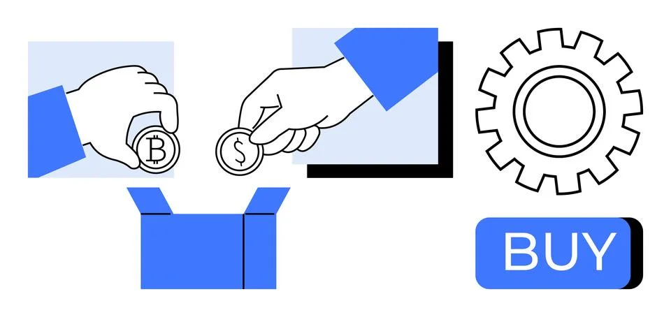 Hands inserting Bitcoin and dollar coins into the box, gear icon, and buy but Stock Illustration