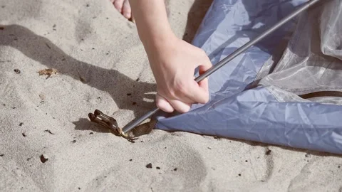Hands inserting tent pole into loop on sandy ground during outdoor setup Stock Footage 331200100