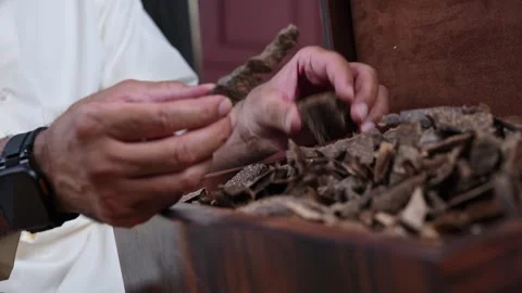 Hands Inspecting Raw Oud Wood Chips Stock-Footage 336937423