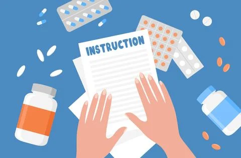 Hands with instructions and pills in jars and blisters on a blue background Stock Illustration