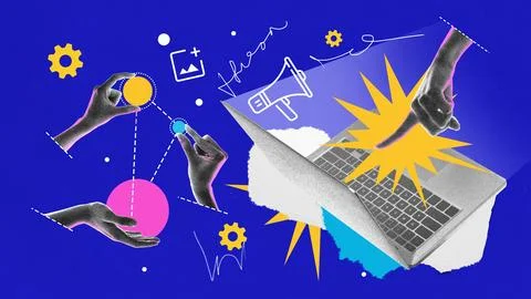 Hands interact with content elements, megaphone, and laptop, illustrating Foto stock