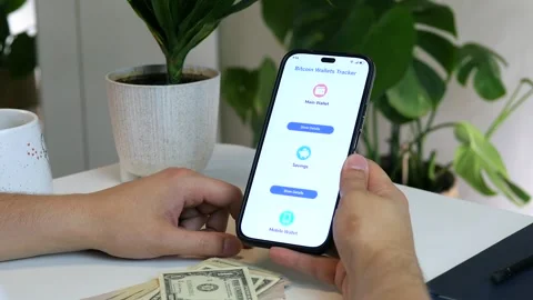 Hands interact with a crypto portfolio app, selecting a main wallet to analyze Stock Footage 316751594