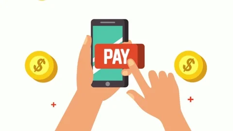 Hands interact with smartphone pay button animated with falling dollar coin.. Stock Footage 339047083