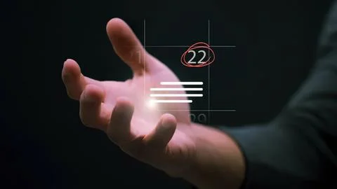 Hands interacting with futuristic digital interface on dark background 스톡 사진