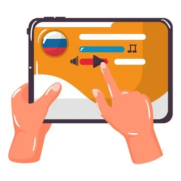 Hands interacting with mobile tablet screen interface. User adjusting audio Stock Illustration