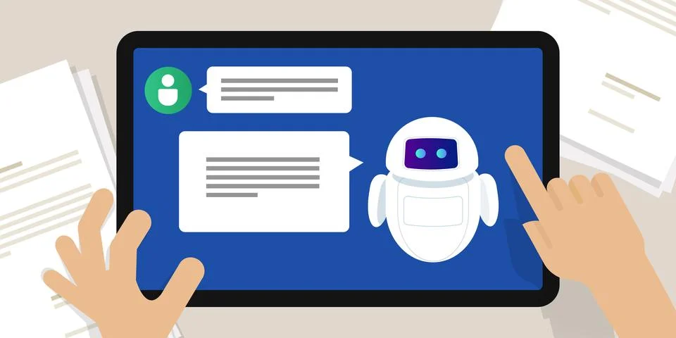 Hands interacting with tablet displaying a chatbot interface, showing a Stock-Illustration