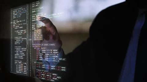 Hands interacting with virtual projection of fictional code, showcasing seamless Stock Photos