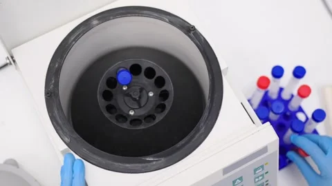 Hands introducing test tubes in centrifuge machine Stock Footage 255196121