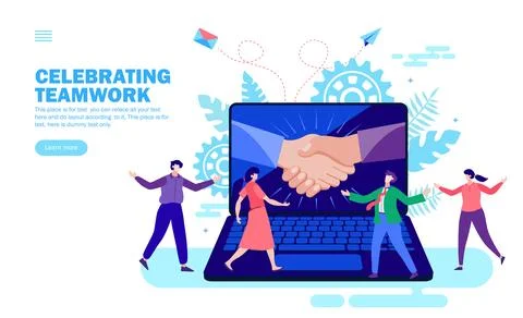 Hands joining in computer with people celebrating teamwork, shake hand, con.. Stock Illustration