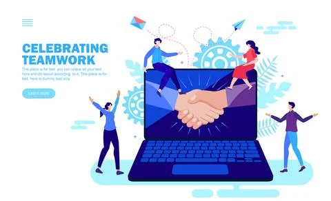 Hands joining in computer with people celebrating teamwork , sitting on computer Illustrazione stock