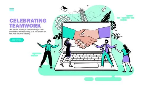 Hands joining in computer with people celebrating teamwork, shake hand, congratu Illustrazione stock
