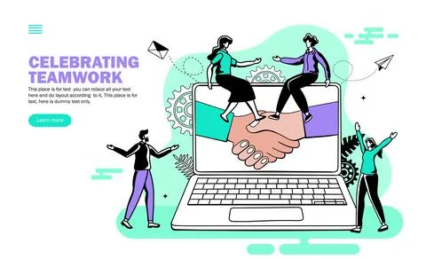 Hands joining in computer with people celebrating teamwork , sitting on computer Stock Illustration