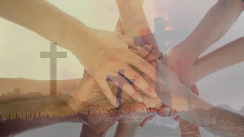Hands joining together over cross symbols animation, symbolizing unity and faith 動画素材 304191683