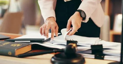 Hands, judge and stack with paperwork at office for legal review, administration Stock Photos