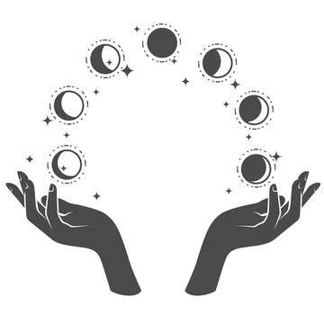 Hands juggling with phases of the Moon, divination magic of lunar phase, vect Stock-Illustration